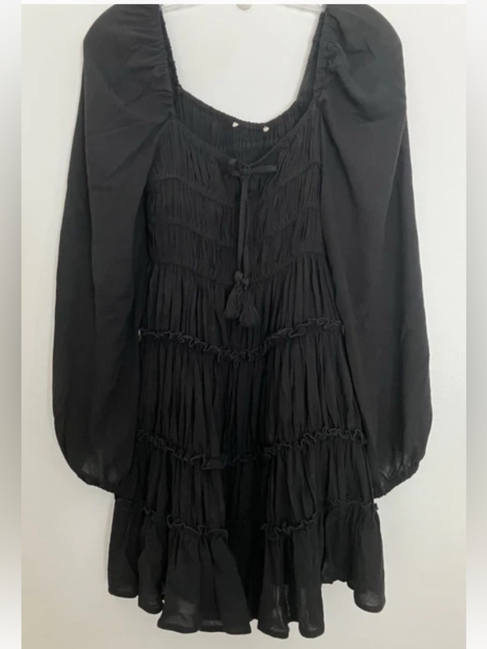 Babydoll Dress XS Black Smocked Tired Ruffle Puff Sleeves Dark Fairy Whimsygoth
